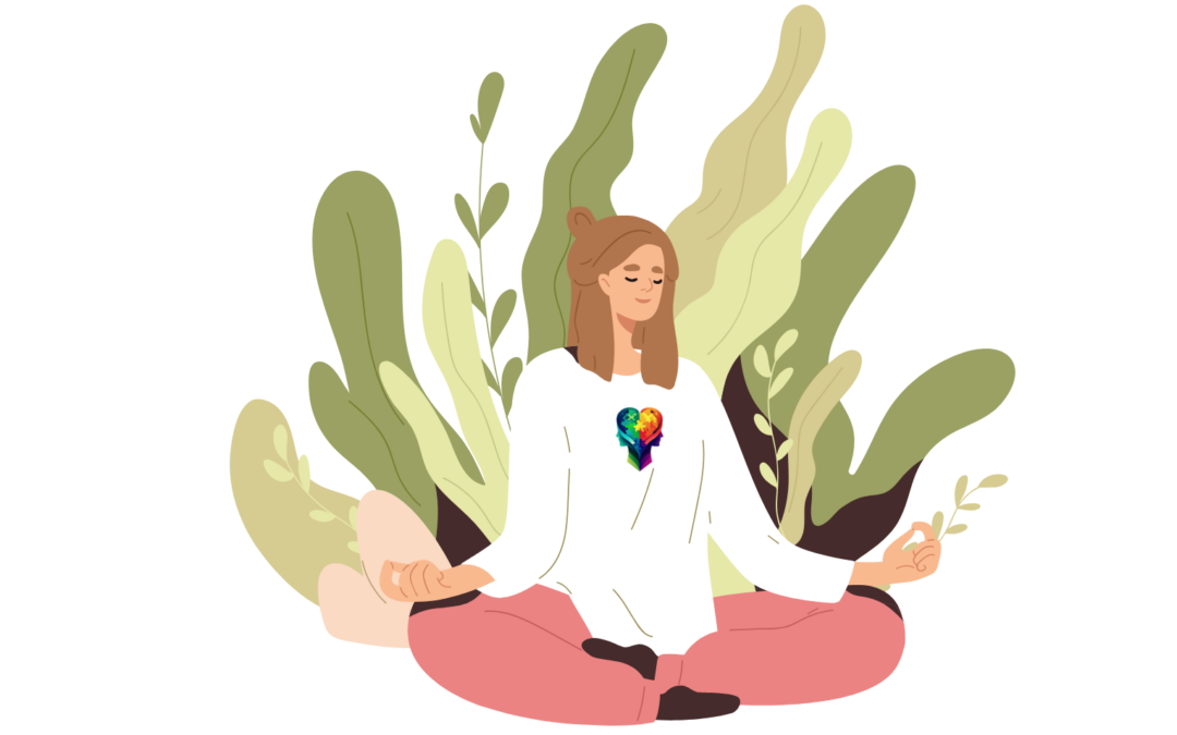A cartoon woman meditating over autism interception, and the elusive undercurrent of health.