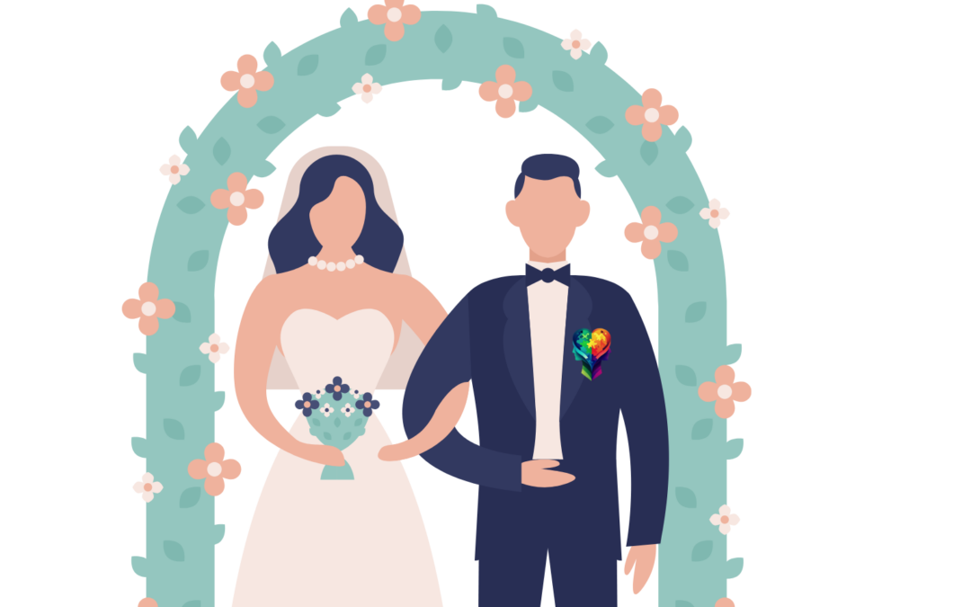 A cartoon couple standing at the altar, showing autism and marriage, as well as Problems and Strategies for Navigating Relationships.