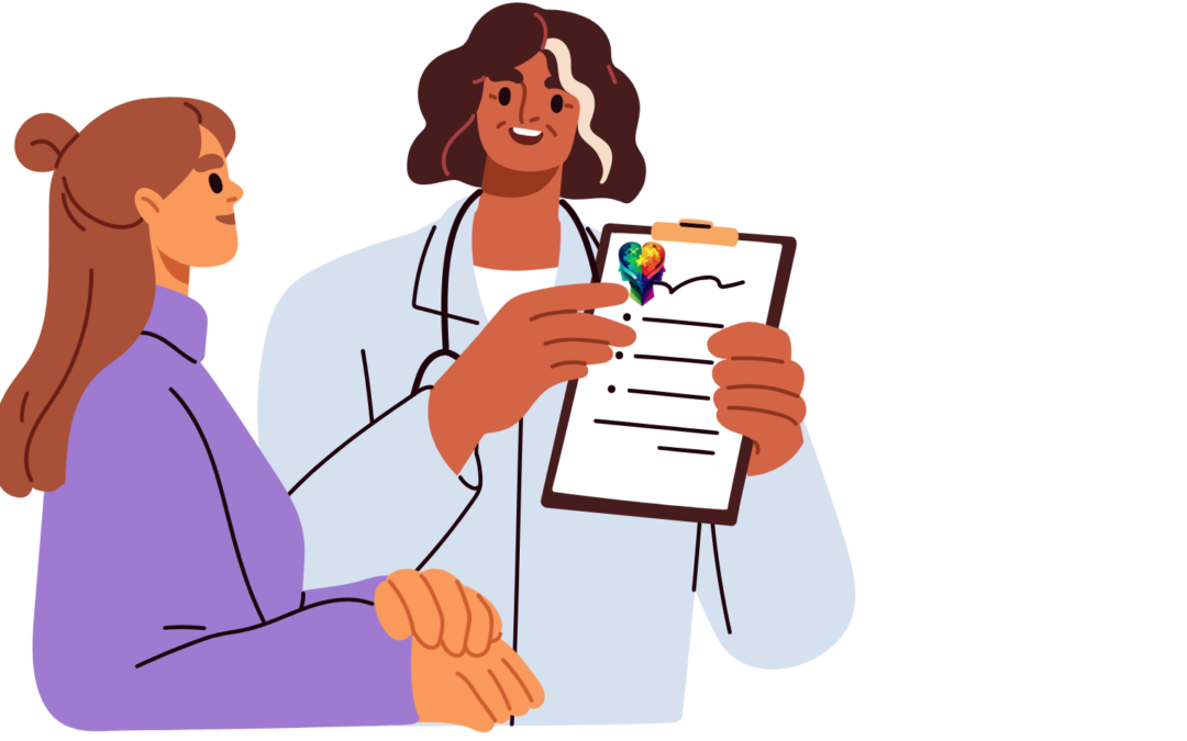 A cartoon of two people thriving after a late-in-life autism diagnosis.