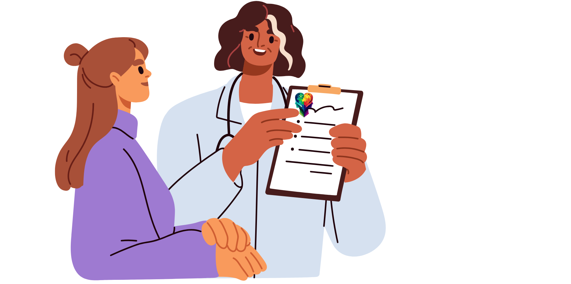 A cartoon of two people thriving after a late-in-life autism diagnosis.