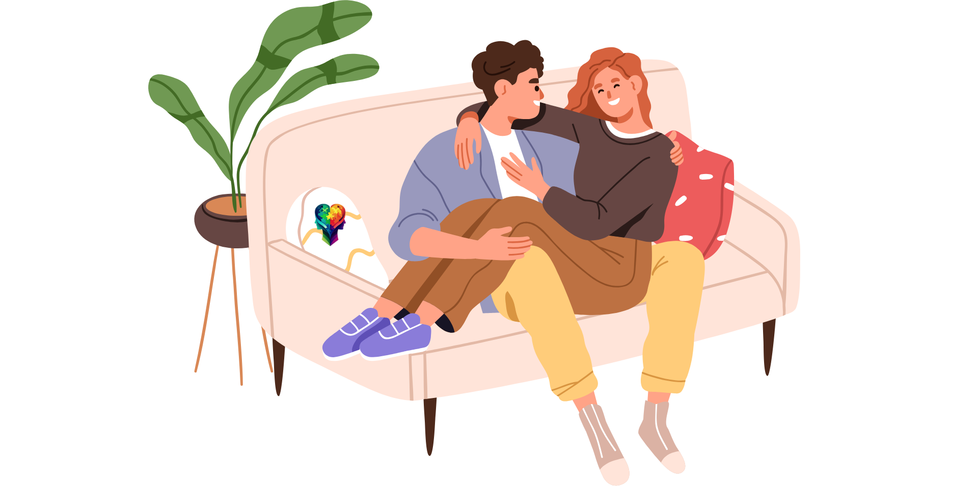 A cartoon couple snuggling on a coach talking about How ADHD Impacts Relationships.