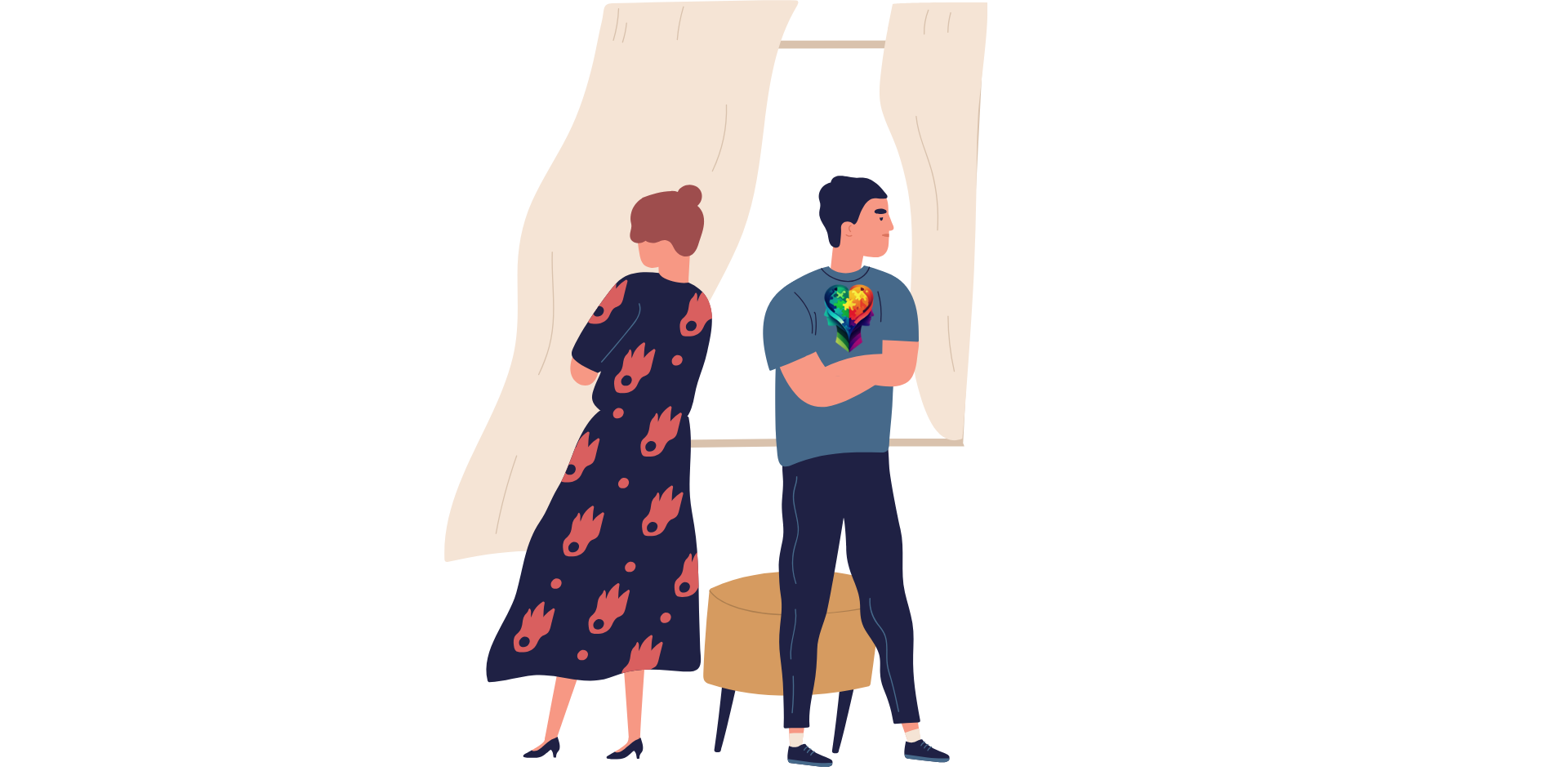 A cartoon couple with their arms crossed, looking for Insights into Pathological Demand Avoidance Treatment.