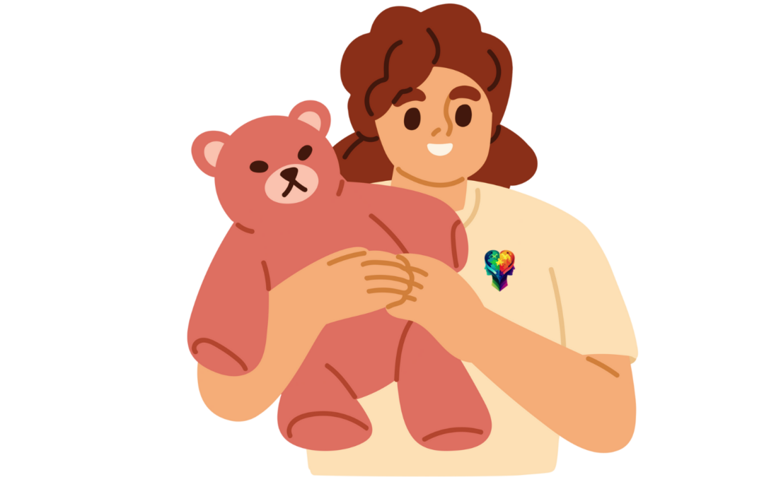 A cartoon woman holding a teddy bear, dealing with the 8 F’s of Trauma Response.