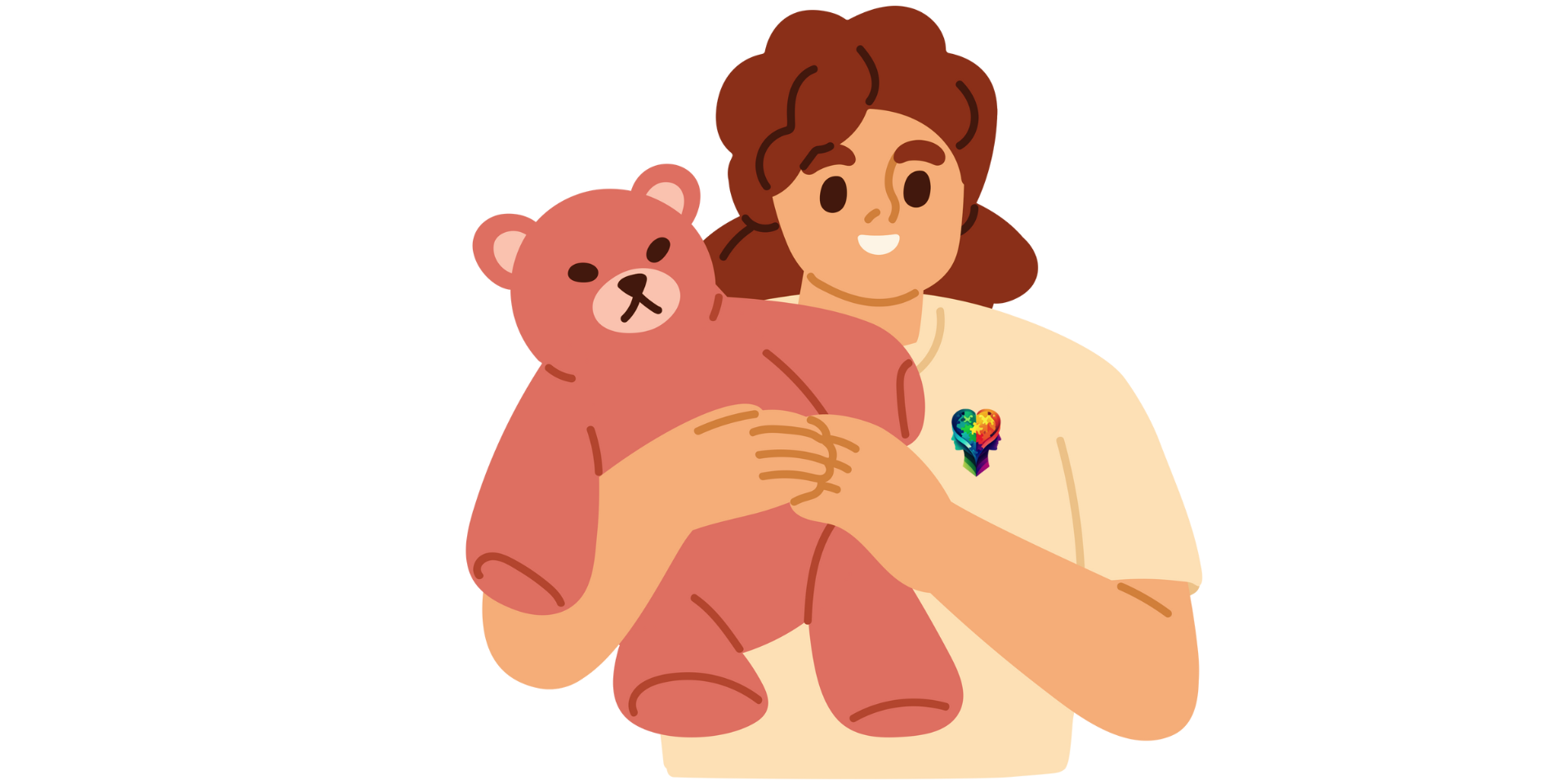 A cartoon woman holding a teddy bear, dealing with the 8 F’s of Trauma Response.