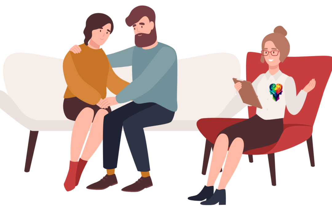 A cartoon couple with a therapist Unlocking the Power of Autism Couples Therapy.
