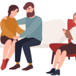 A cartoon couple with a therapist Unlocking the Power of Autism Couples Therapy.