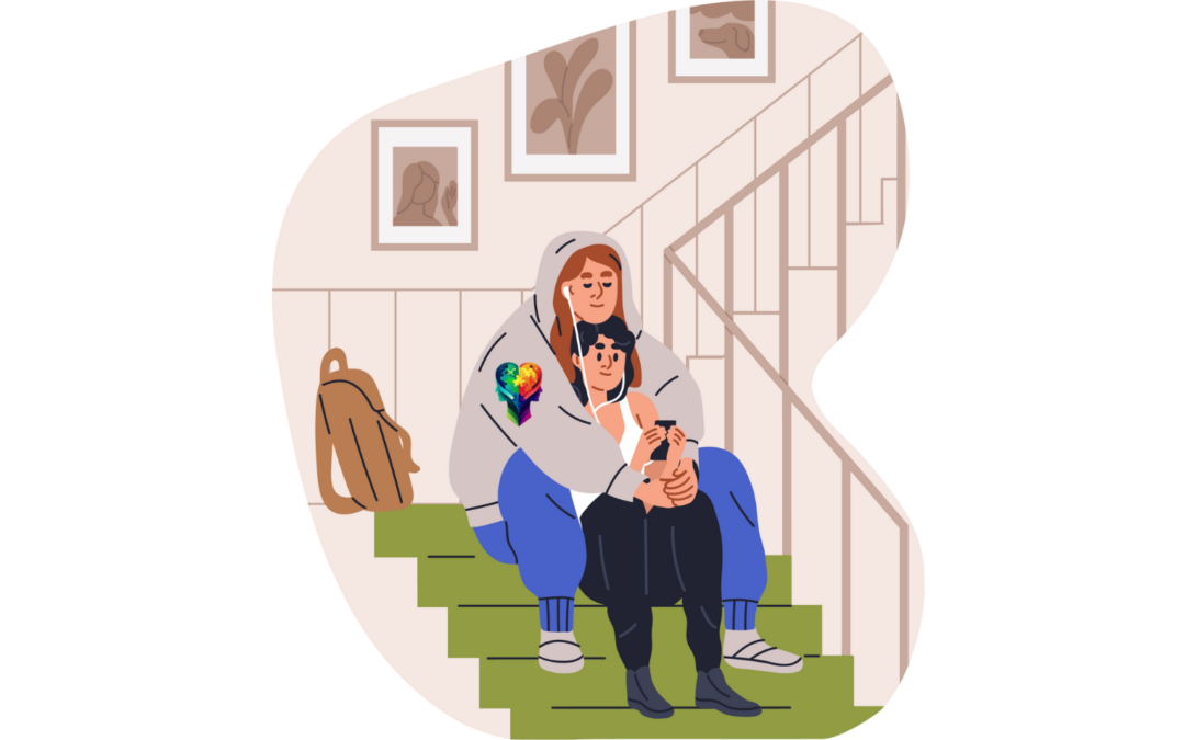 A cartoon of a couple sitting on the stairs reading Tips to Revive Your AuADHD Sexless Marriage.