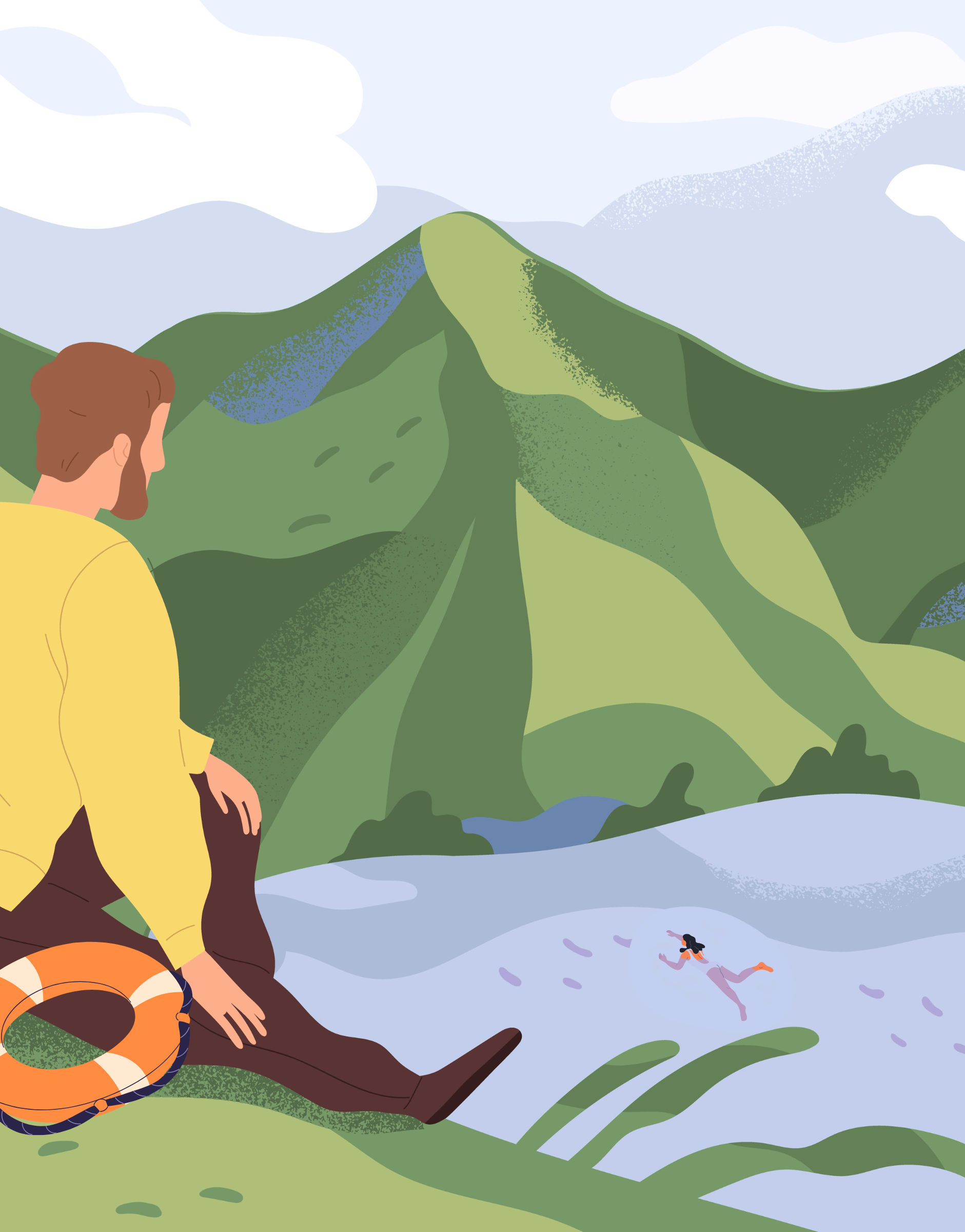 A cartoon of a man on the hill and a woman swimming, denoting her being tired of holding it all.