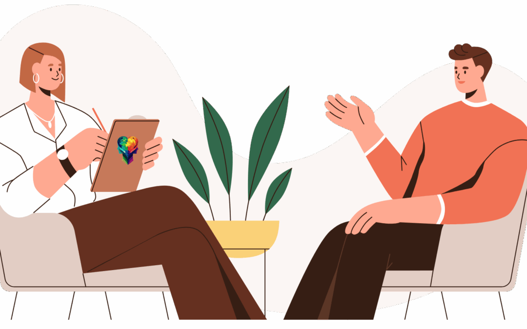 A cartoon of a therapist and client, embracing Neurodivergent-Affirming Therapy and How to Find the Right Support