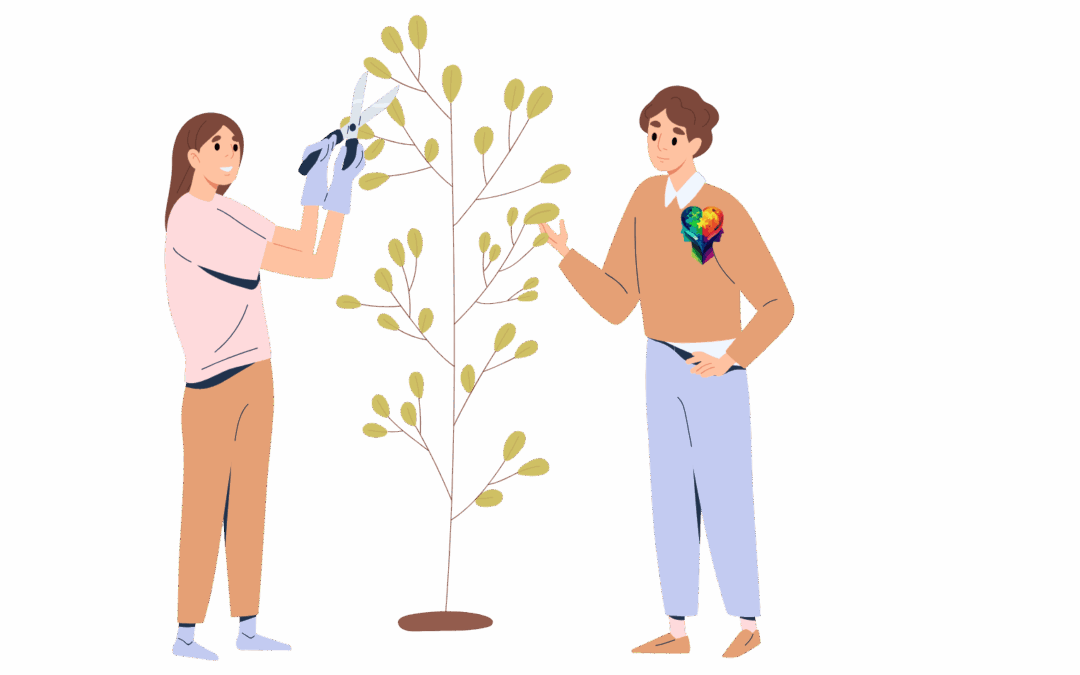 A cartoon of two people tending to The Trauma Tree Understanding and Healing from the Roots